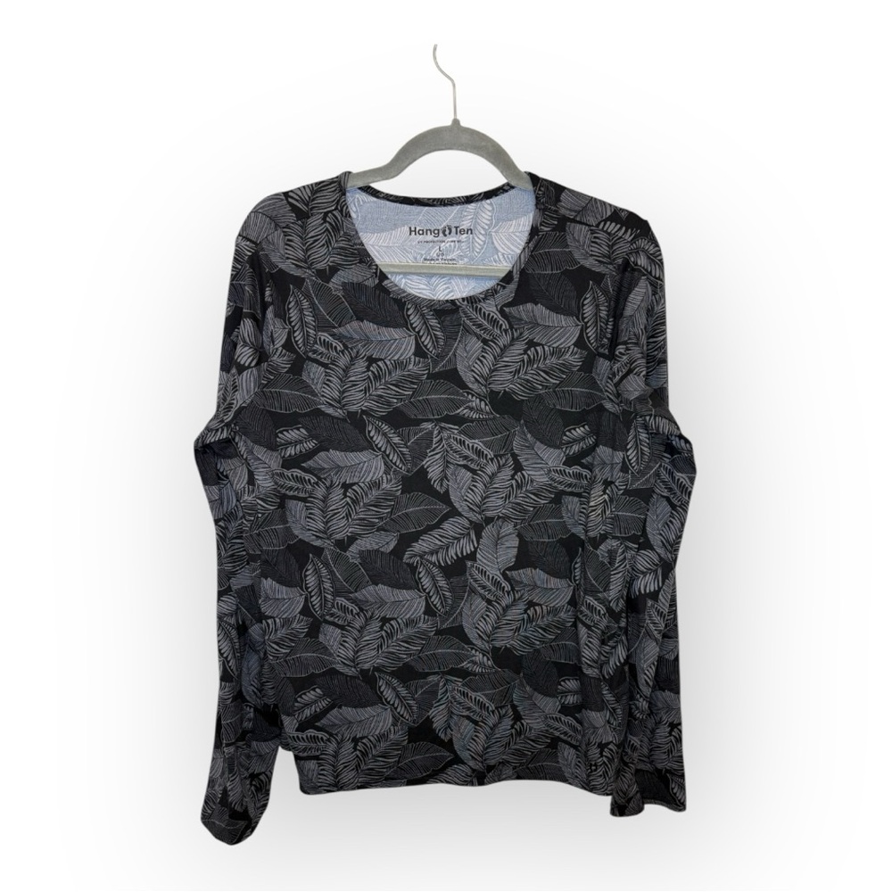 Hang Ten Black Leaf Print Rash Guard Shirt SPF UV Protection Swim Surf Large